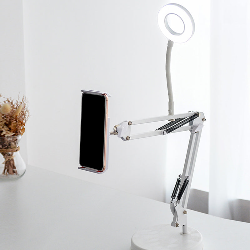 Modern Led Vanity Lighting With Extendable Arm - White Metal Circle Design Mobile Phone Support /