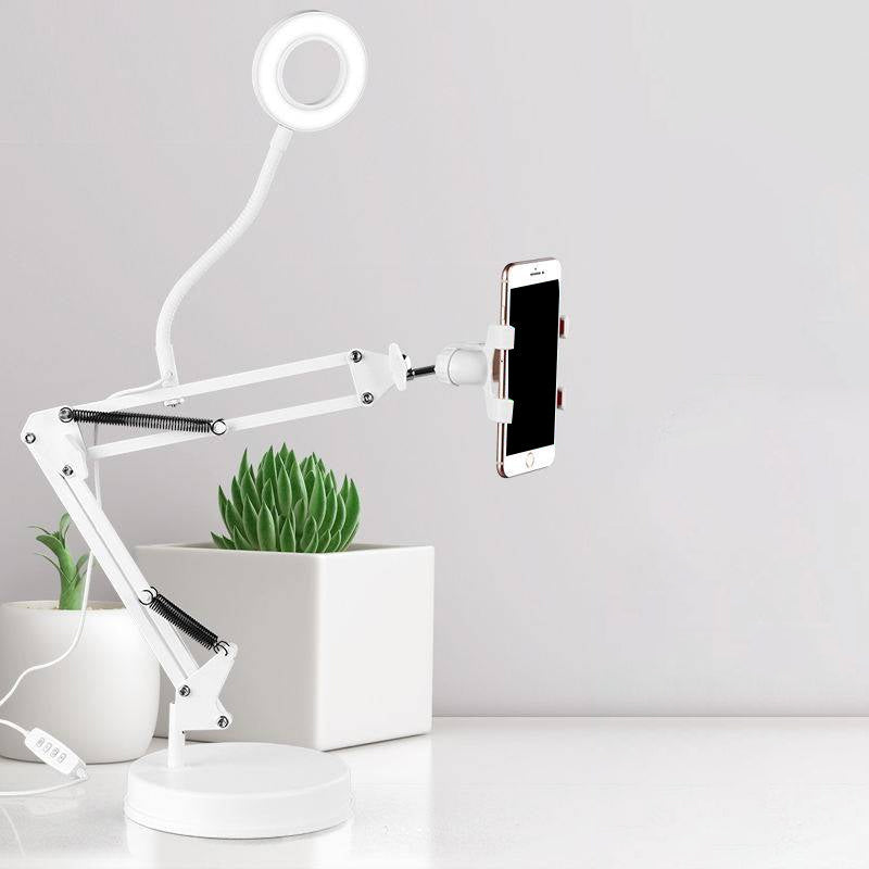 Modern Led Vanity Lighting With Extendable Arm - White Metal Circle Design Mobile Phone Support