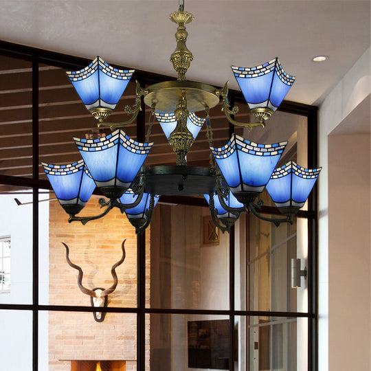 Nautical Blue Glass 2-Tier Pyramid Pendant Lamp With Metal Chain - 9-Light Chandelier