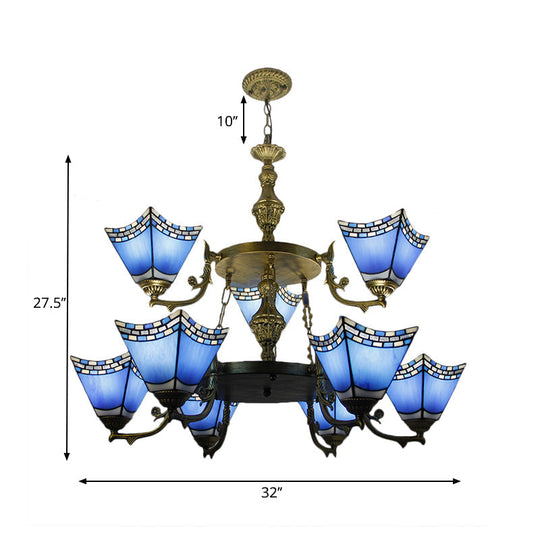 Nautical Blue Glass 2-Tier Pyramid Pendant Lamp With Metal Chain - 9-Light Chandelier