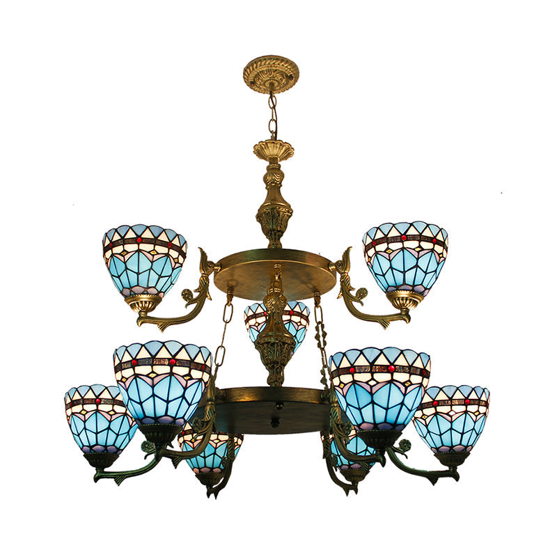 Blue Stained Glass Bowl Chandelier - 9-Light Baroque Ceiling Pendant for Hallway