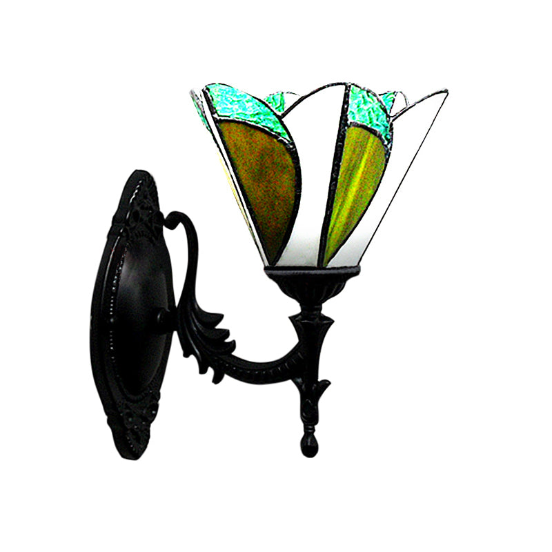 Green Stained Glass Cone Wall Light - Tiffany Style Lamp For Study Room Antique & Stylish
