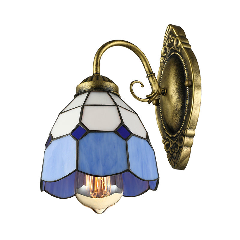 Blue Art Glass Dome Wall Sconce With Vintage Grid Design - Perfect For Bathroom