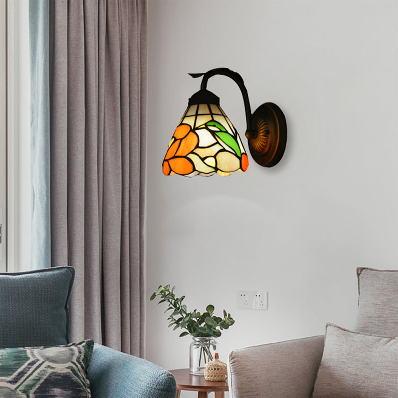 Tiffany Blossom Wall Light With Bird Stained Glass - Rustic 1-Head Orange Lamp For Dining Room