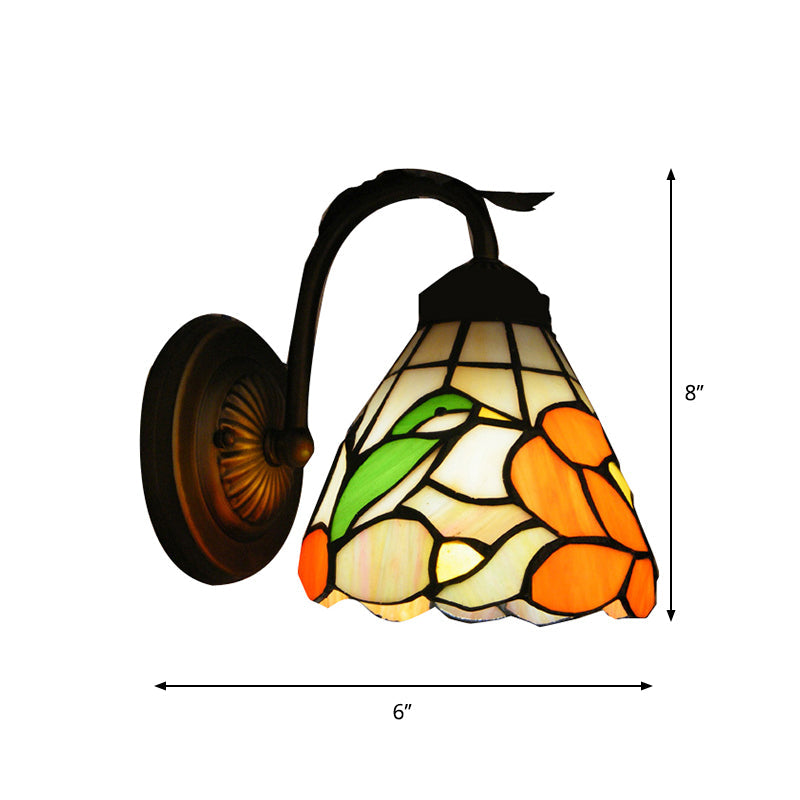 Tiffany Blossom Wall Light With Bird Stained Glass - Rustic 1-Head Orange Lamp For Dining Room
