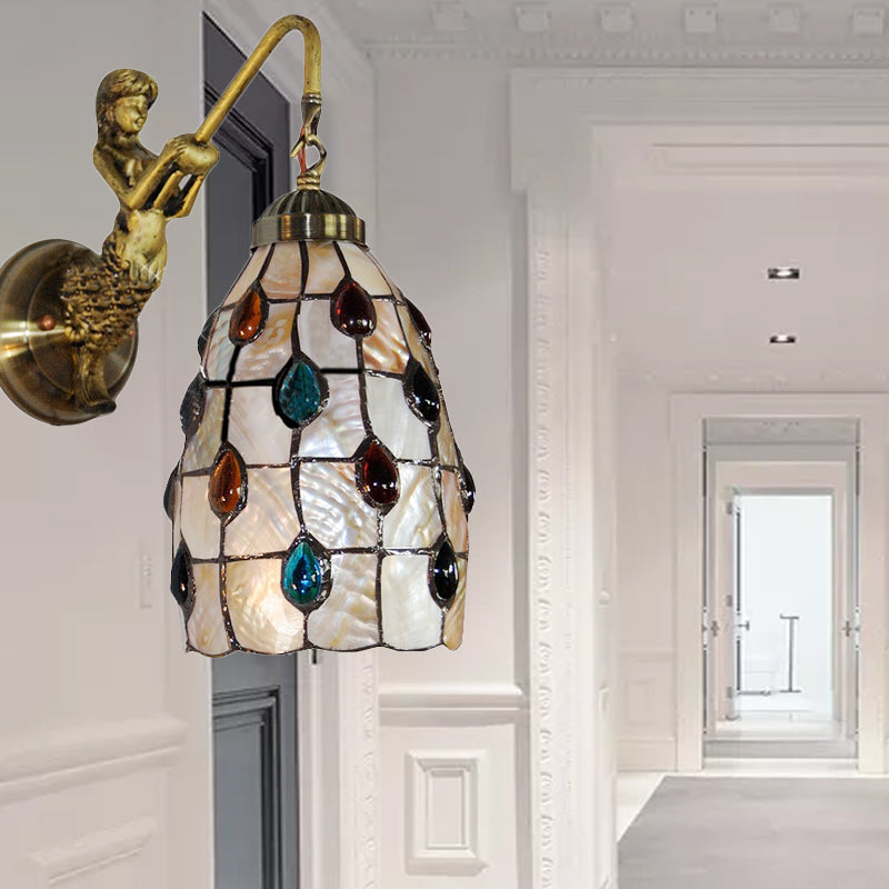 Tiffany Shell Wall Sconce With Mermaid Backplate And Elongated Head Beige