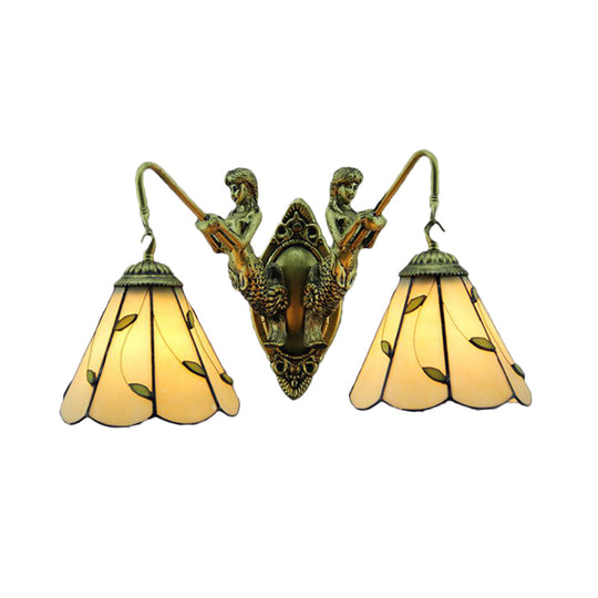 Lily Beige Glass Sconce Light Fixture - Tiffany Style With 2 Brass Wall-Mounted Heads And Mermaid