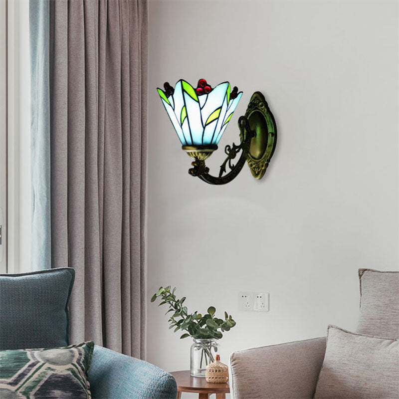 Blue Tiffany Wall Sconce With Stained Glass Flower And Leaf Design - Perfect For Kitchen Lighting