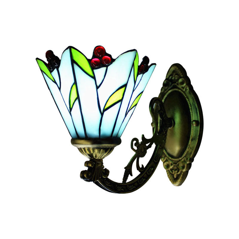 Blue Tiffany Wall Sconce With Stained Glass Flower And Leaf Design - Perfect For Kitchen Lighting