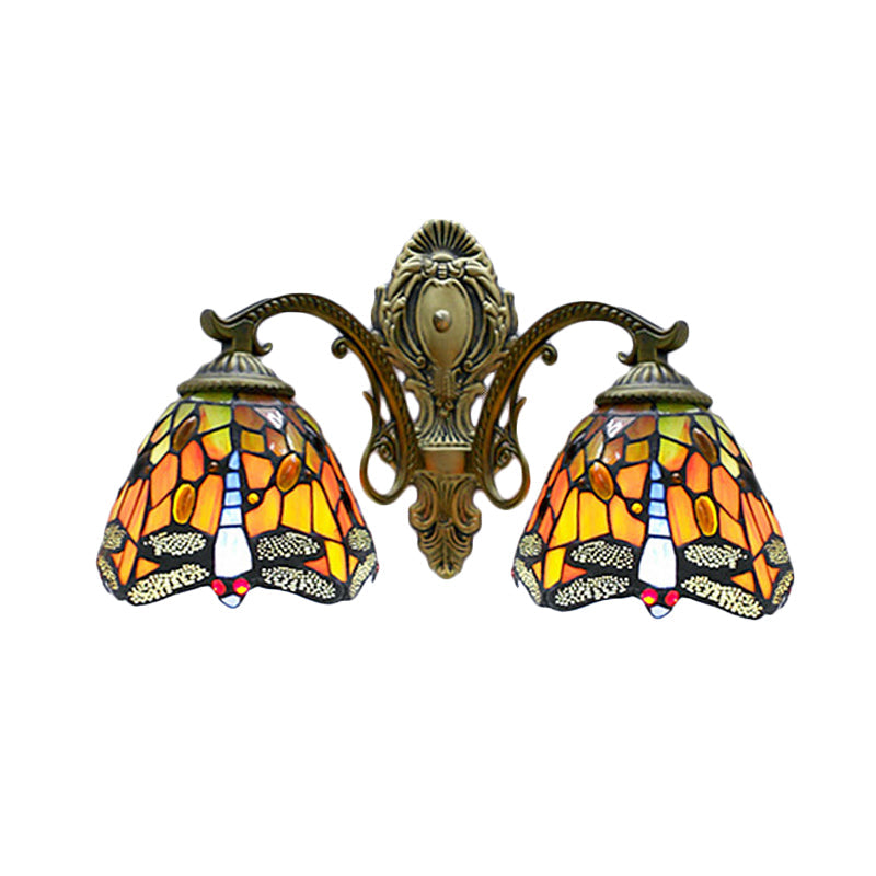 Rustic Dragonfly Wall Lamp Stained Glass - Tiffany Style 2 Bulbs Orange Sconce For Coffee Shop