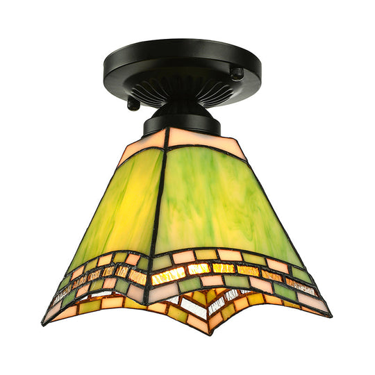 Tiffany-Style Art Glass Ceiling Light - 1 Green Flush Mount Fixture For Offices And Corridors