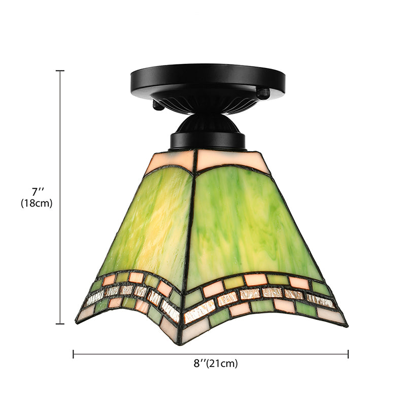 Tiffany-Style Art Glass Ceiling Light - 1 Green Flush Mount Fixture For Offices And Corridors