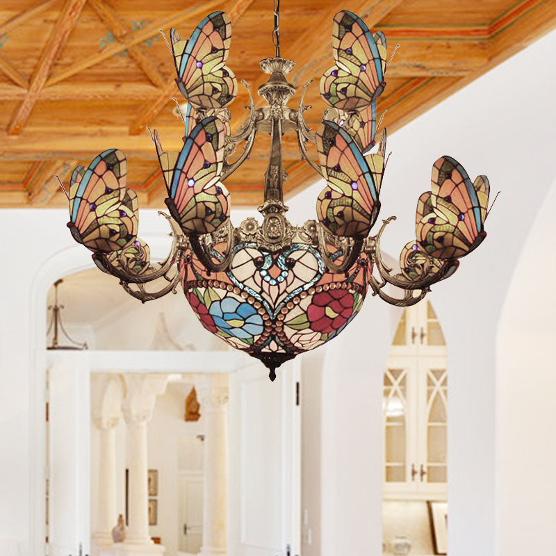 Multi-Colored Tiffany Butterfly Chandelier for Living Room