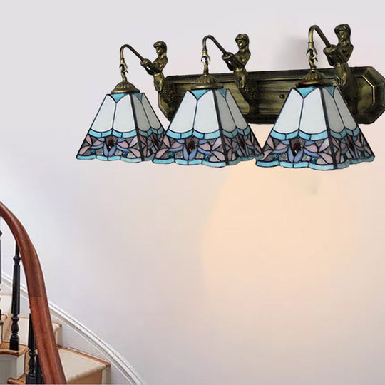 Tiffany 3Headed Wall Sconce Light Fixture Orange/Blue Glass Trapezo