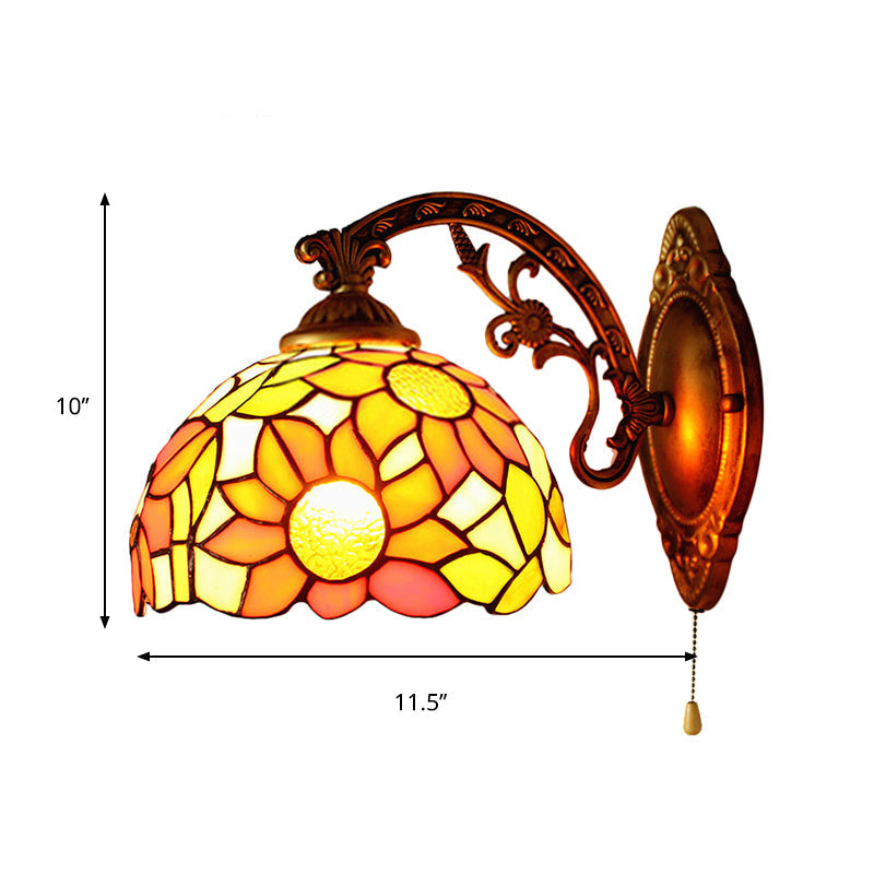 Rustic Tiffany Sunflower Wall Light - Engraved Arm Stained Glass Sconce For Living Room