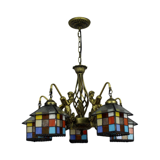 Antique Bronze Tiffany Stained Glass Pendant Chandelier 5-Light Fixture For Dining Room