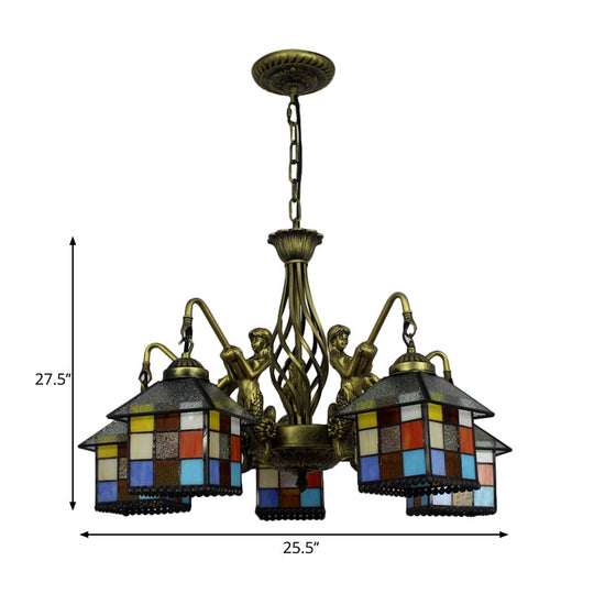 Antique Bronze Tiffany Stained Glass Pendant Chandelier 5-Light Fixture For Dining Room