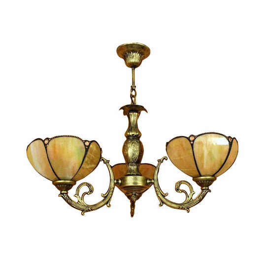 Traditional Tiffany Dome Hanging Light Chandelier In Yellow - 6/3 Bulbs For Bedroom