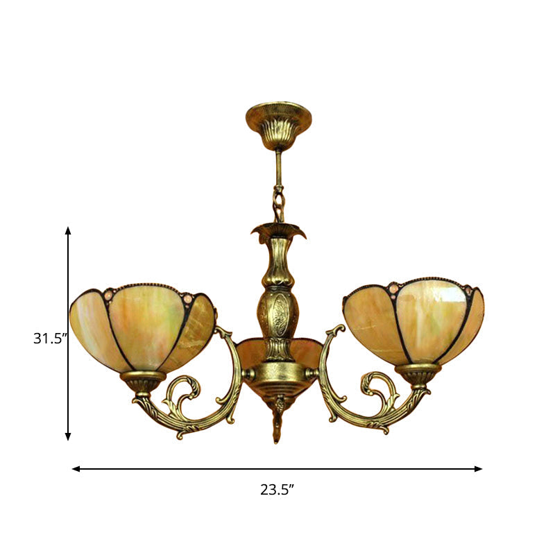 Traditional Tiffany Dome Hanging Light Chandelier In Yellow - 6/3 Bulbs For Bedroom