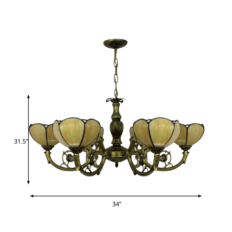 Traditional Tiffany Dome Hanging Light Chandelier In Yellow - 6/3 Bulbs For Bedroom