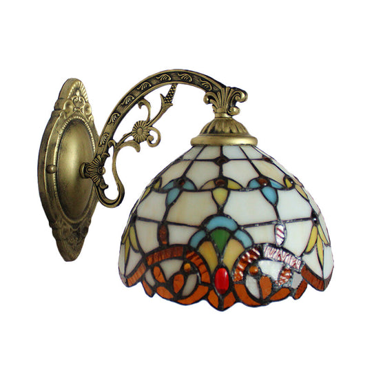 Beige Domed Tiffany Victoria Wall Light - Engraved Arm Stained Glass Lamp For Corridor