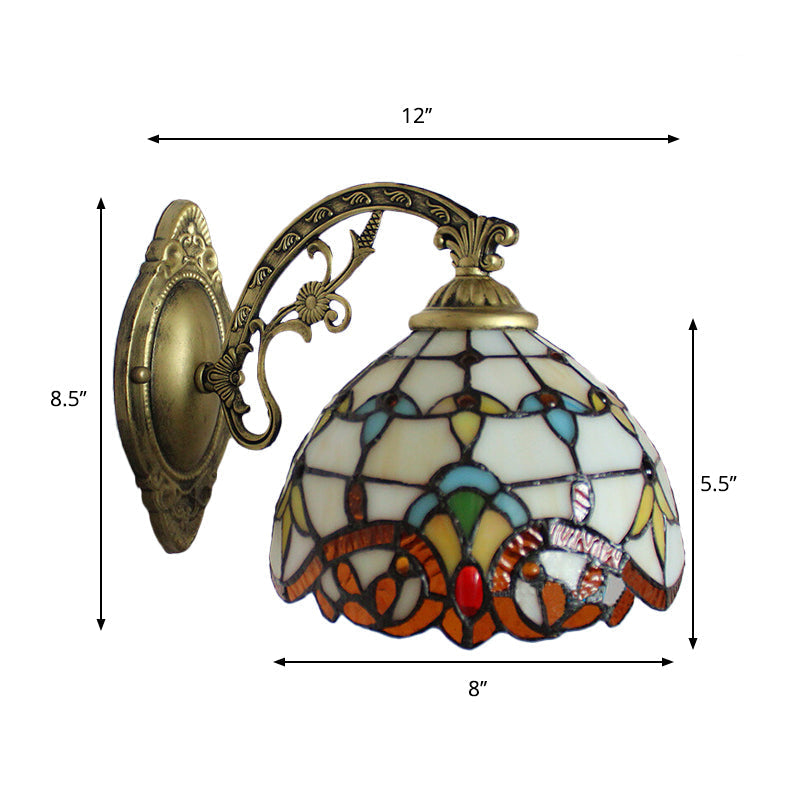Beige Domed Tiffany Victoria Wall Light - Engraved Arm Stained Glass Lamp For Corridor