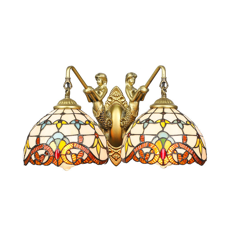 Brass Baroque Wall Sconce Light With 2 Beige Glass Heads And Mermaid Design