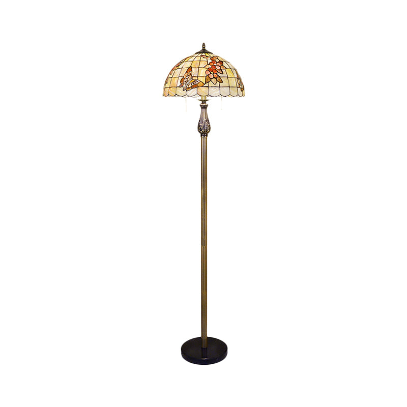 2-Head Tiffany Scalloped Dome Shell Floor Reading Lamp - Butterfly And Flower Patterned Lighting In