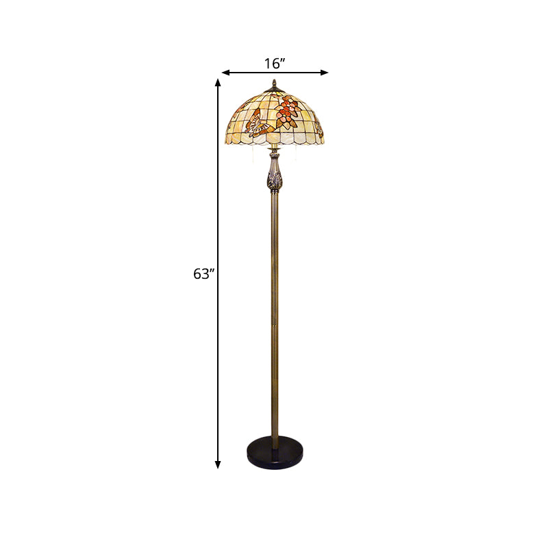 2-Head Tiffany Scalloped Dome Shell Floor Reading Lamp - Butterfly And Flower Patterned Lighting In