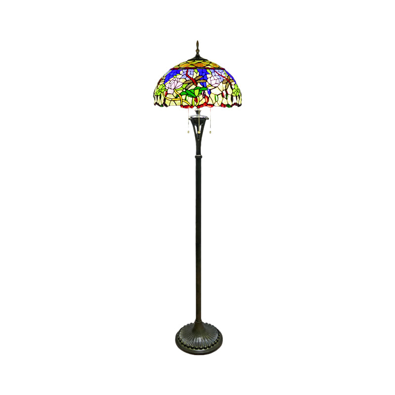 Tiffany Style Brass Floor Lamp - Domed Reading Light With Flower And Dragonfly Pattern 3-Light Cut