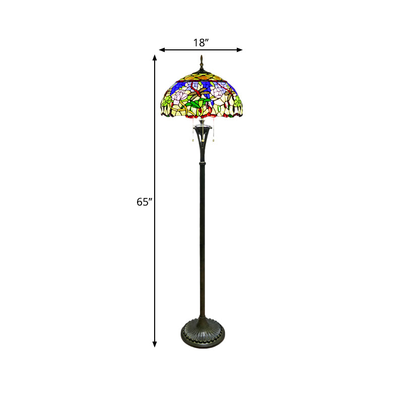Tiffany Style Brass Floor Lamp - Domed Reading Light With Flower And Dragonfly Pattern 3-Light Cut