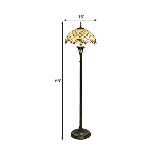 Baroque Brass Cut Glass Floor Lamp With Scalloped Reading Lights And Beaded/Floral Pattern
