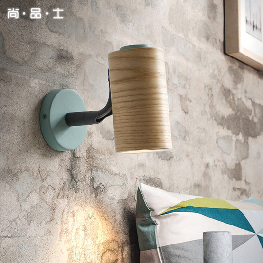 Minimalist Wood Wall Sconce Light For Bathroom - Cylindrical Design With 1 And Yellow/Blue/Green