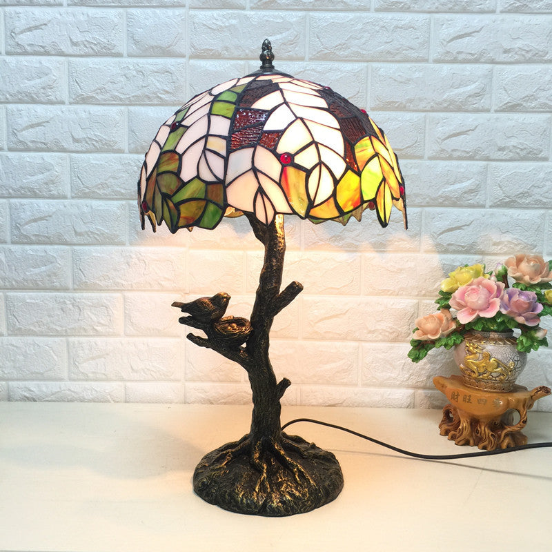 Rustic Tiffany Leaf Table Lamp With Tree Base - Stained Glass Desk Light Green-White