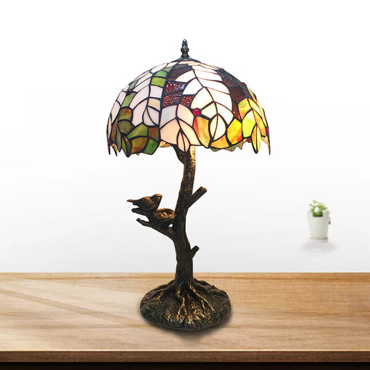 Rustic Tiffany Leaf Table Lamp With Tree Base - Stained Glass Desk Light