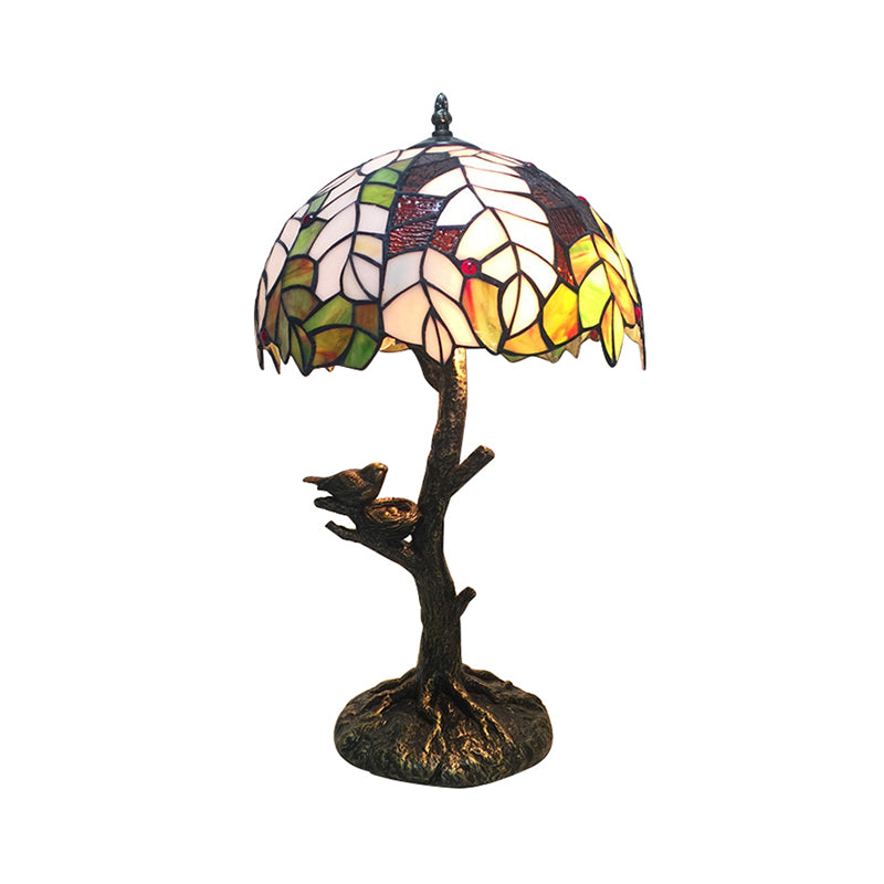 Rustic Tiffany Leaf Table Lamp With Tree Base - Stained Glass Desk Light