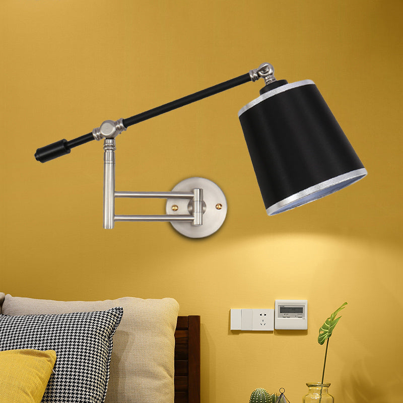 Metal Rotatable Arm Wall Sconce Light Fixture With Black Barrel Shade - Gold/Silver Finish Bedroom