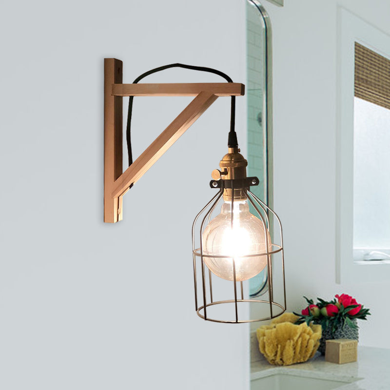 Modern Black Wall Lamp: Loft Style Iron Pear Shaped/Diamond Cage Design With Wood Brace