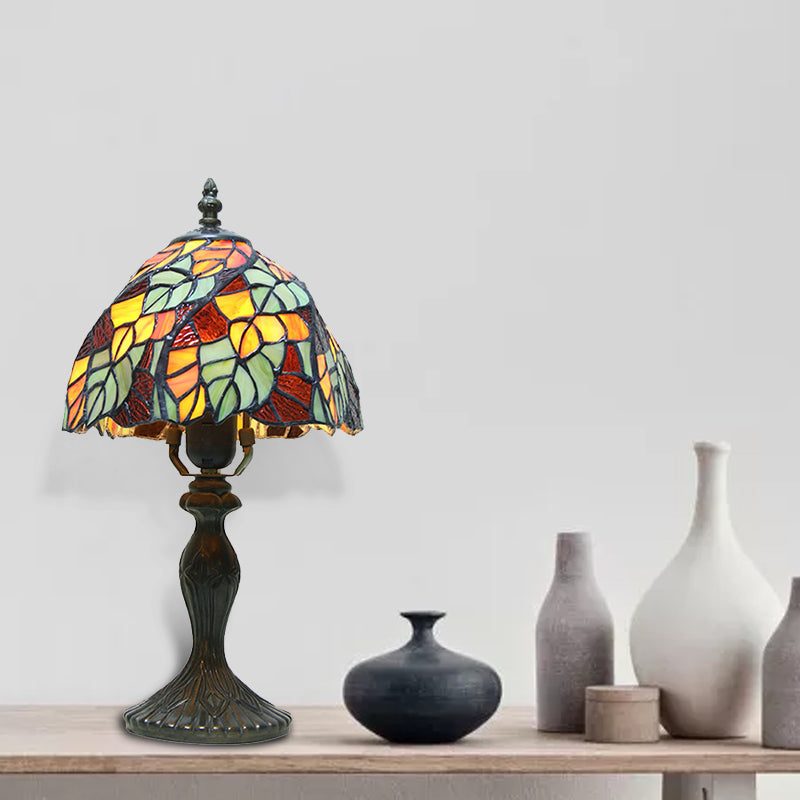 Antique Bronze Stained Glass Leaf Desk Lamp - Tiffany Rustic 1-Light Plug-In Design For Bedroom