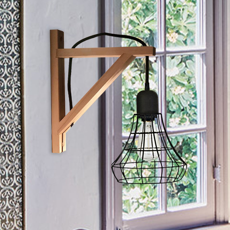 Modern Black Wall Lamp: Loft Style Iron Pear Shaped/Diamond Cage Design With Wood Brace / C