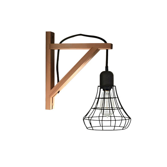 Modern Black Wall Lamp: Loft Style Iron Pear Shaped/Diamond Cage Design With Wood Brace