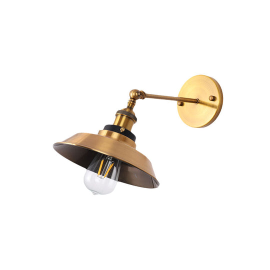 Antiqued Gold Wall Sconce With Adjustable Joint - Vintage Iron Conic/Barn Shade 1 Bulb Light Fixture