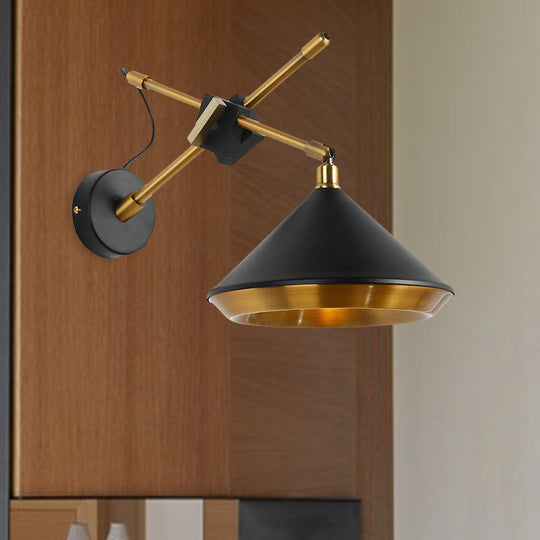 Swivelable Retro Wall Light With Brass Inner - 1 Head Iron Sconce In Black/White
