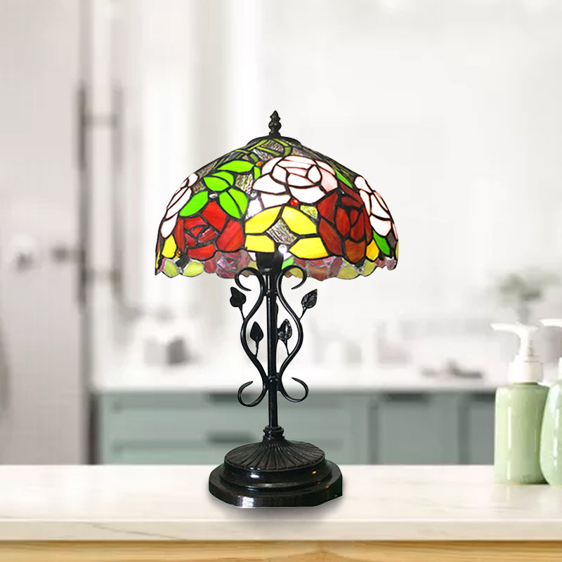 Stained Glass Rose Desk Lamp With Leaf Base - Tiffany Rustic Design In Black Finish