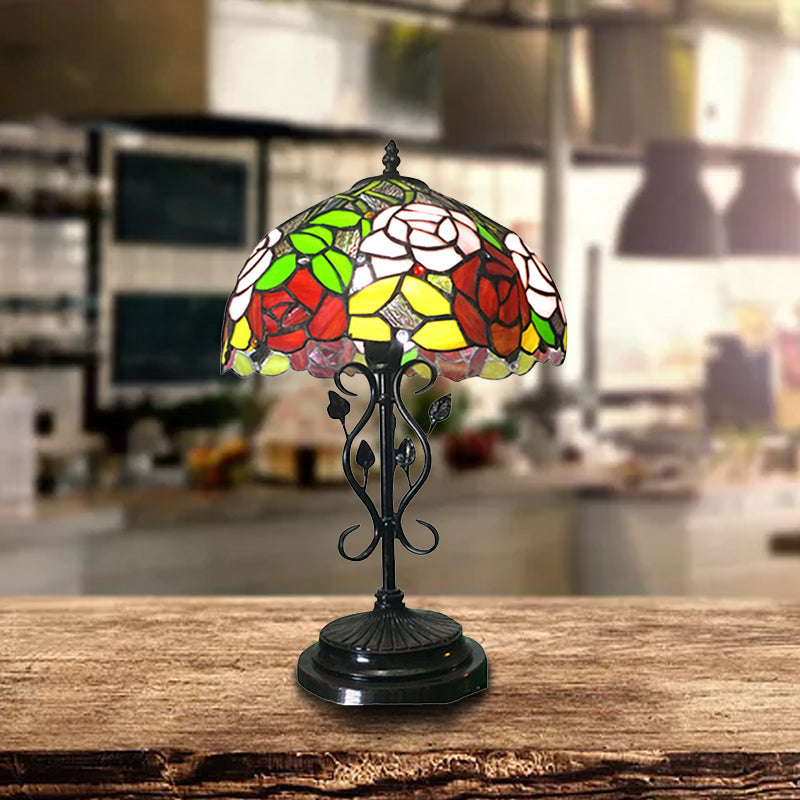 Stained Glass Rose Desk Lamp With Leaf Base - Tiffany Rustic Design In Black Finish