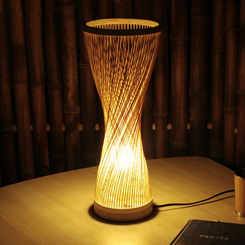 Asian Style Bamboo Nightstand Lamp - Single Head Wood Desk Light For Bedroom