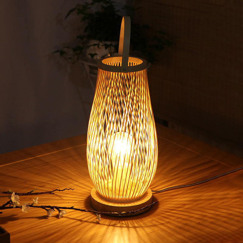 Bedroom Table Lamp - Asian Style Single Bulb With Beige Curved Handle Basket Bamboo Shade