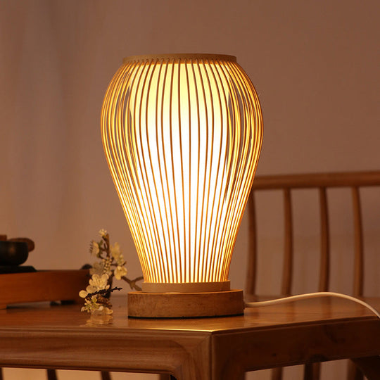 Asian-Style Bamboo Urn Table Lamp With Cylinder Shade - Single Bulb White Desk Light