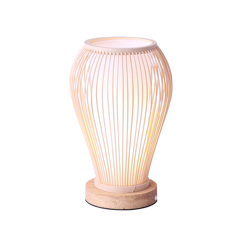 Asian-Style Bamboo Urn Table Lamp With Cylinder Shade - Single Bulb White Desk Light