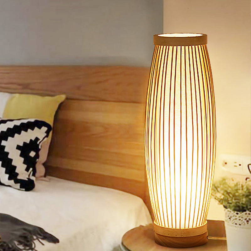 Oblong Bamboo Night Table Lamp - Asian Style Single Bulb Bedroom Desk Light With Fabric Shade Wood
